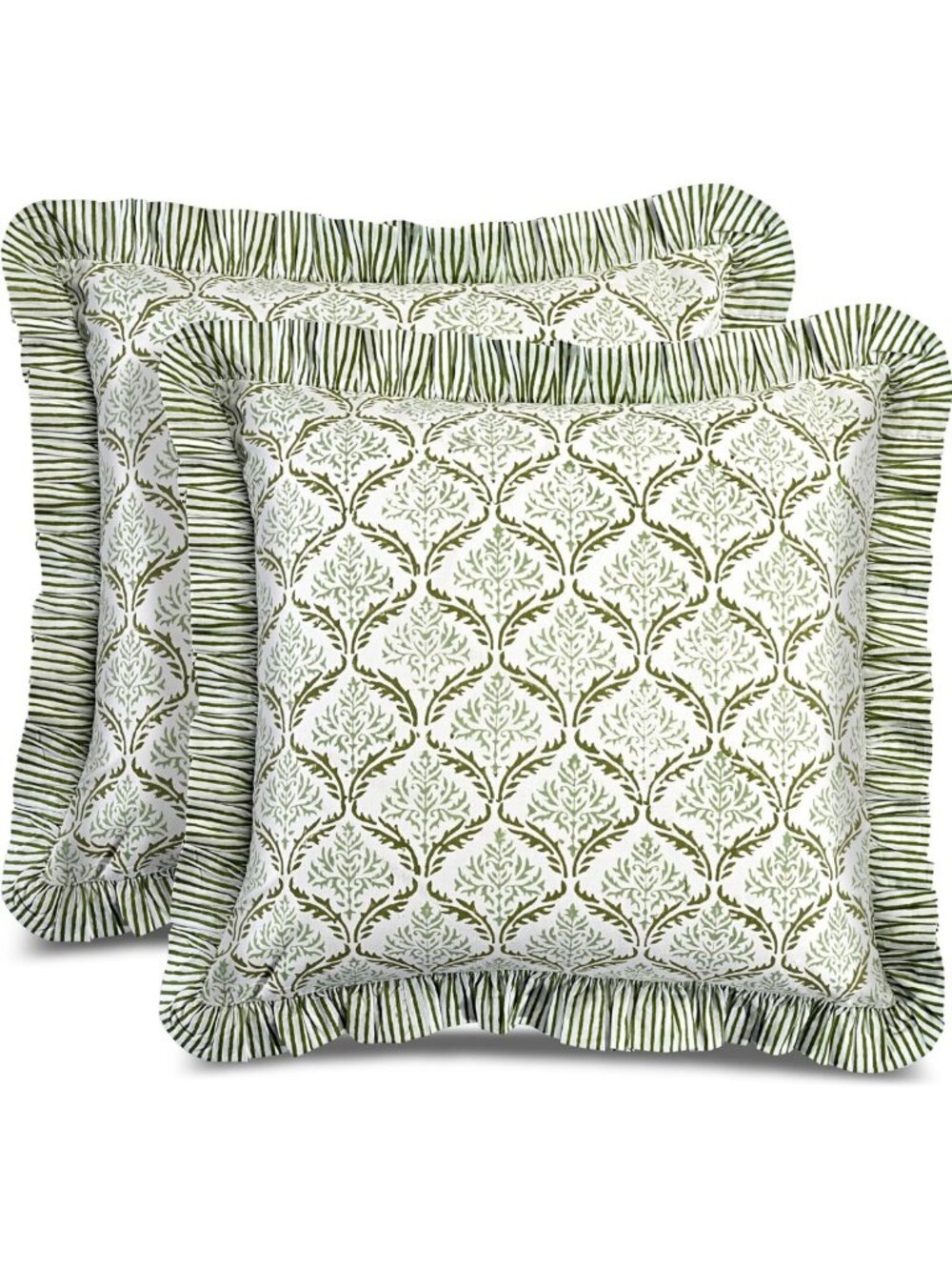 Set of 2 Ruffle Pillow Covers 24x24 Inch, Fern Block Print Decorative Cushions
